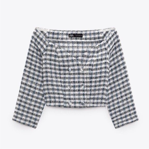 Zara Tweed Academia Preppy Top Button Feminine Textured On Off Shoulder - Picture 1 of 9